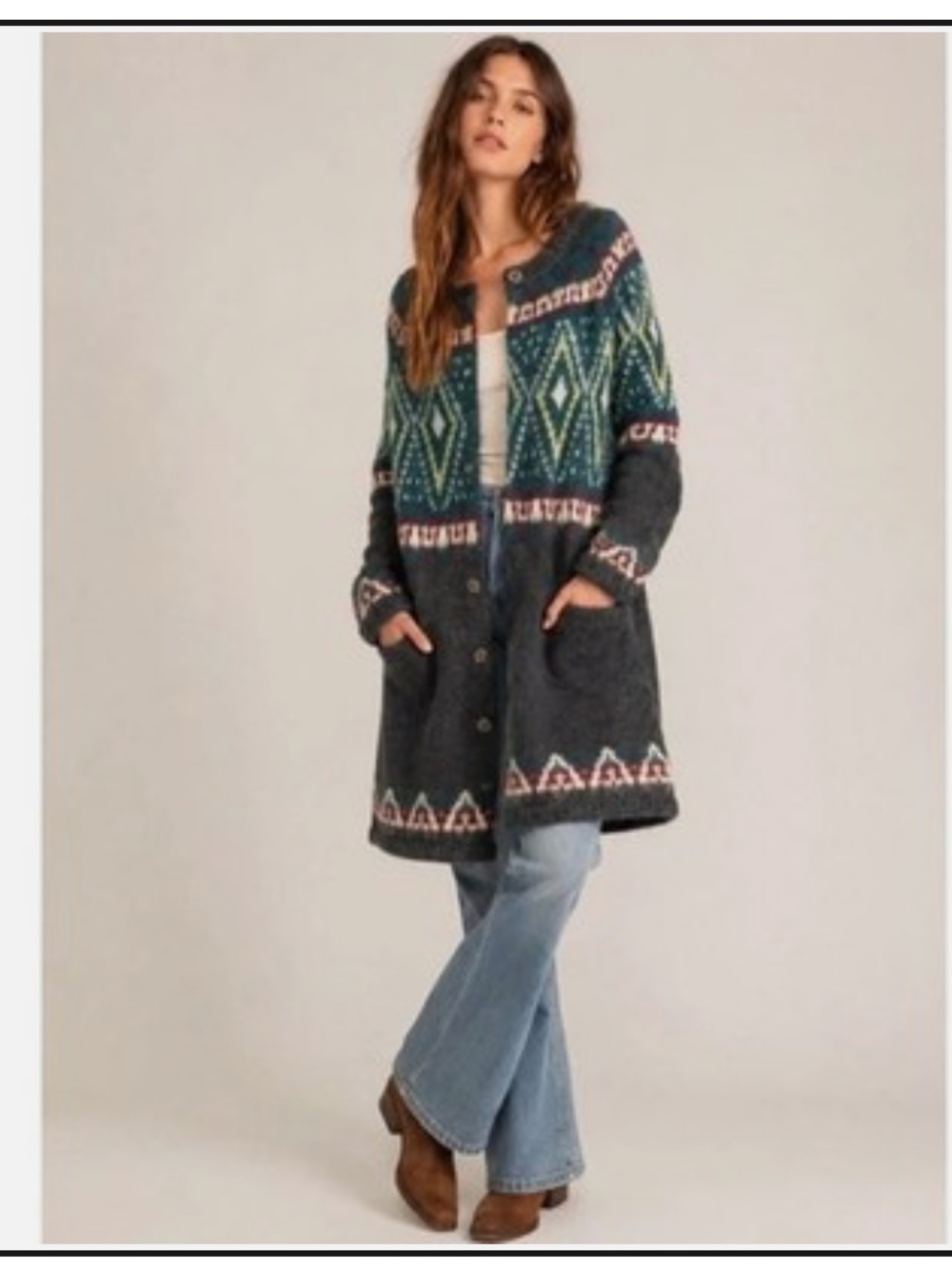 Dark Gray Fair Isle Long Cardigan Sweater - Green Accent